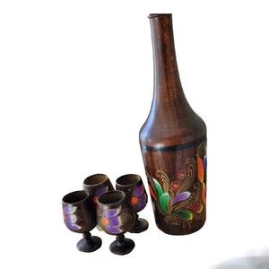 Wooden handpainted Cordial Floral barware Decanter and Goblets Vintage